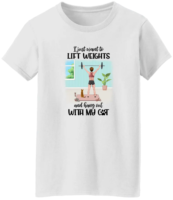 Personalized T-shirt, Girl Lifting Weights With Cats at Home, Gift for Cat Lover, Fitness Lovers