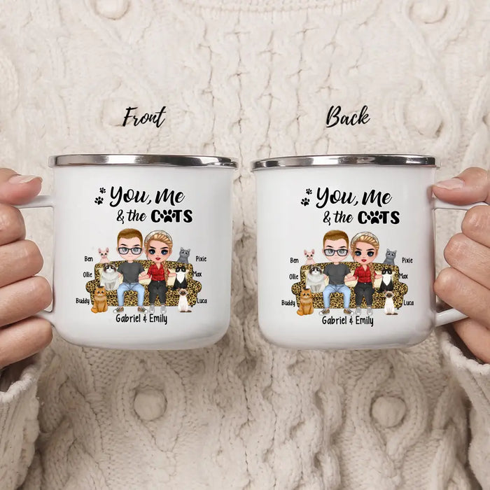 You Me and the Cats - Personalized Gifts Custom Cat Enamel Mug for Couples and Cat Lovers