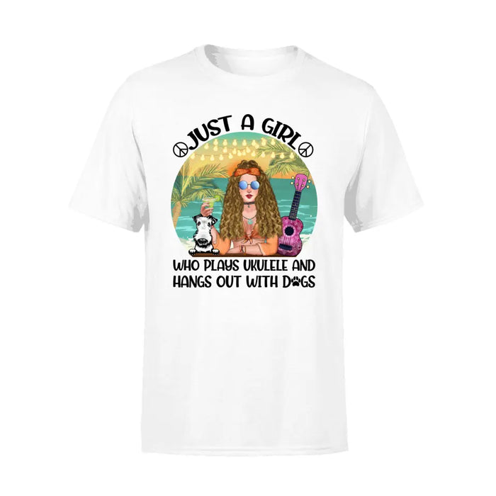 Personalized Shirt, Hippie Girl With Dogs and Ukulele, Gift for Hippie Girl, Ukulele Players & Dog Lover