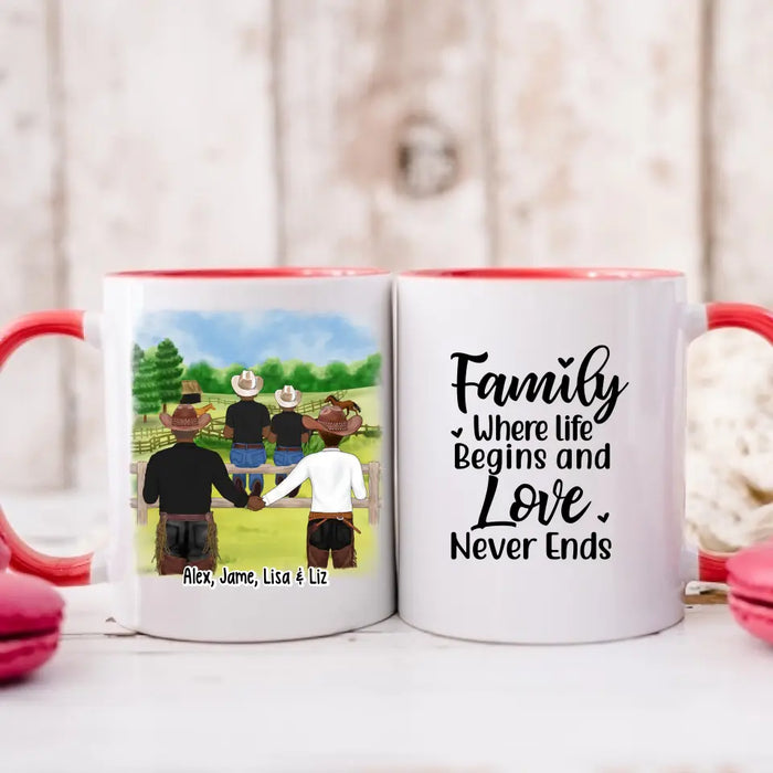 Family Where Life Begins and Love Never Ends - Personalized Gifts Custom Mug for Cowboy Family