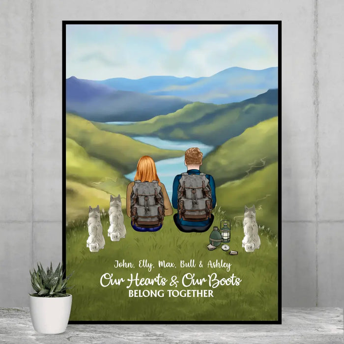 Our Hearts and Our Boots Belong Together - Personalized Gifts Custom Hiking Poster for Couples, Gift For Hiking Lovers, Dog Lovers