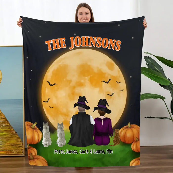 Couple Portrait With Dogs Cats - Personalized Gifts Custom Halloween Blanket For Dog Lovers, Cat Lovers