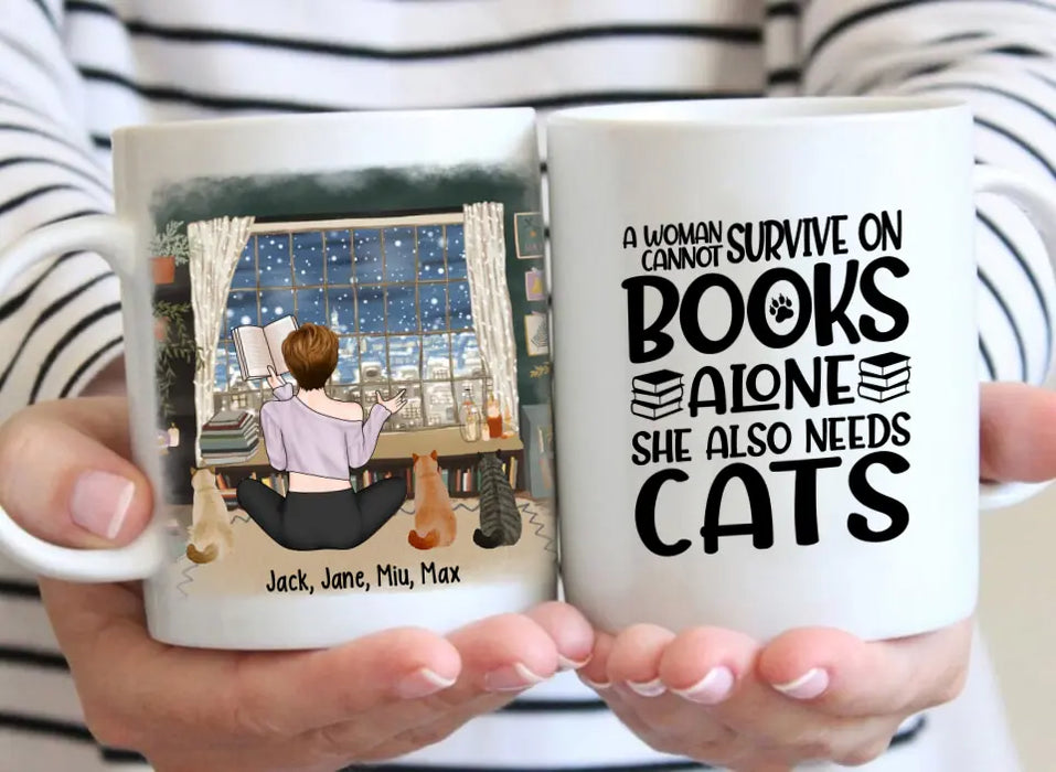 A Woman Cannot Survive On Books Alone She Also Needs Cats - Personalized Gifts Custom Mug For Her, Book Lovers, Cat Lovers