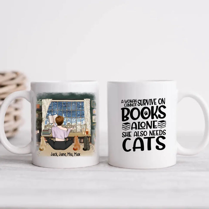 A Woman Cannot Survive On Books Alone She Also Needs Cats - Personalized Gifts Custom Mug For Her, Book Lovers, Cat Lovers