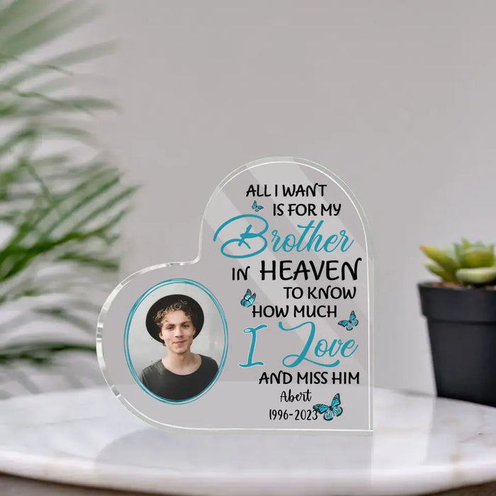All I Want Is for My Brother in Heaven to Know How Much I Love and Miss Him - Personalized Photo Upload Gifts Custom Acrylic Plaque, Memorial Gifts