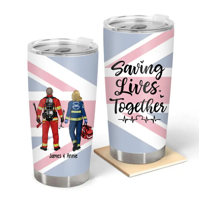 Saving Lives Together Great Britain Flag - Personalized Gifts Custom Tumbler for Couples and Friends, Firefighter, Nurse, Police, EMS Gifts