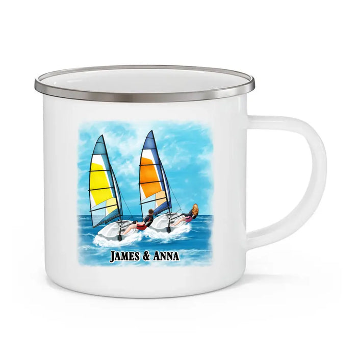 Love Is Sailing Into Sunset Together - Personalized Gifts Custom Sailing Enamel Mug For Friends For Couples, Sailing Lovers