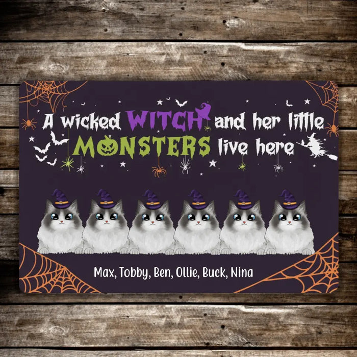 A Wicked Witch and Her Little Monsters Live Here - Halloween Personalized Gifts Custom Cat Doormat for Cat Lovers