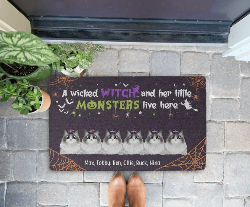 A Wicked Witch and Her Little Monsters Live Here - Halloween Personalized Gifts Custom Cat Doormat for Cat Lovers