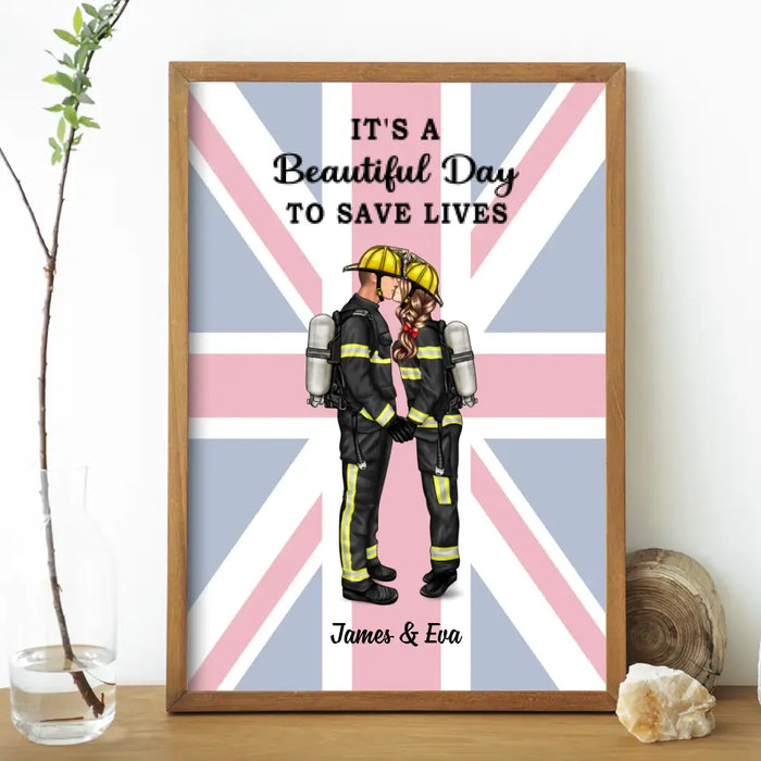 She Saves Lives and He Rescues Them Great Britain Flag - Personalized Poster, Couple Portrait, Firefighter, EMS, Nurse, Police Officer, Military Gifts