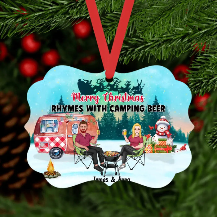 Merry Christmas Rhymes With Camping Beer - Personalized Christmas Gifts Custom Camping Ornament For Couples, Camping Lovers