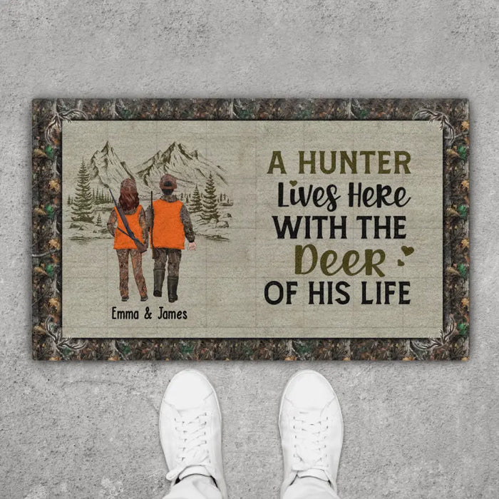 A Hunter Lives Here With the Deer of His Life - Personalized Gifts Custom Hunting Doormat for Couples, Hunting Lovers