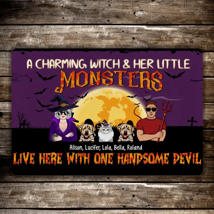 A Charming Witch Her Little Monsters Live Here With One Handsome Devil - Personalized Gifts Custom Halloween Doormat For Couples, Dog Cat Lovers