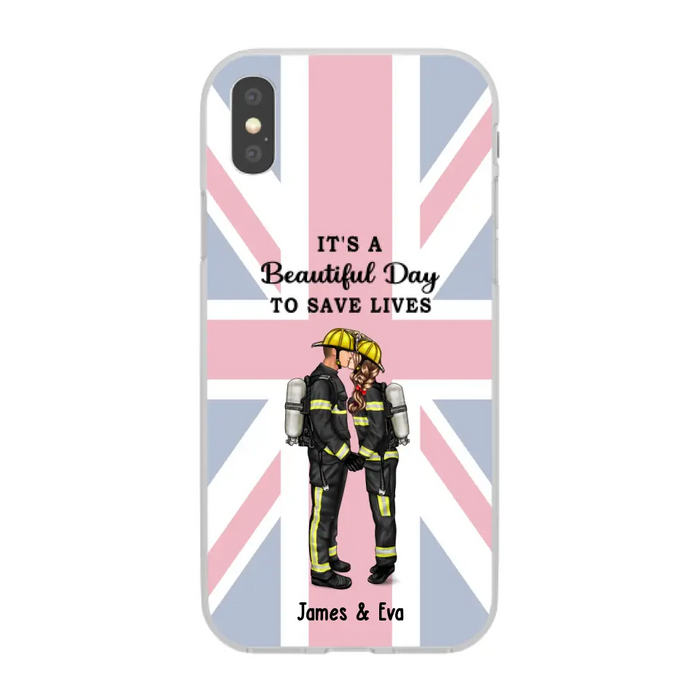 She Saves Lives and He Rescues Them - Personalized Phone Case For Couples, Firefighter, EMS, Nurse, Police Officer, Military