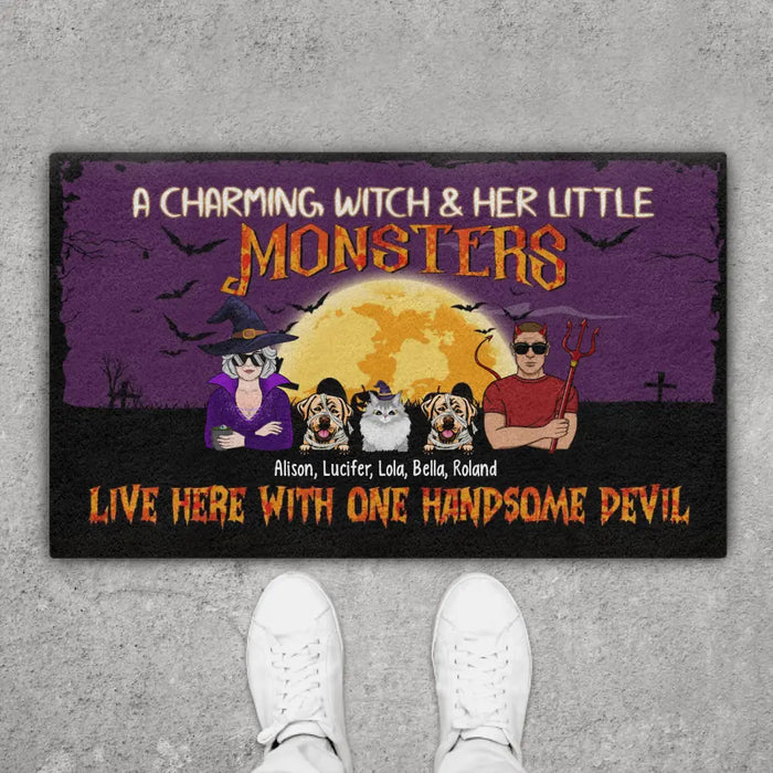 A Charming Witch Her Little Monsters Live Here With One Handsome Devil - Personalized Gifts Custom Halloween Doormat For Couples, Dog Cat Lovers