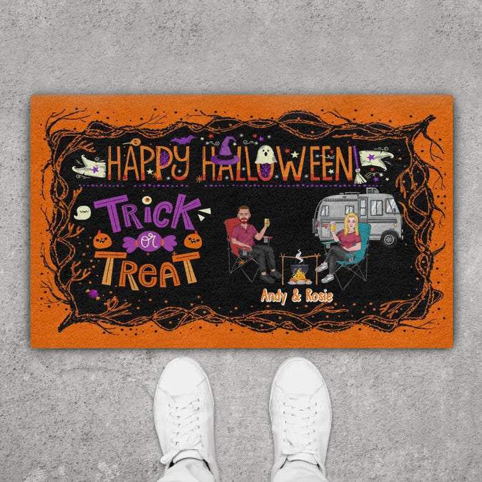 Happy Halloween Trick Or Treat - Personalized Halloween Gifts Custom Camping Doormat for Couples, Camping Lovers