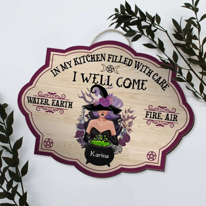 In My Kitchen Filled With Care I Well Come Water, Earth, Fire, Air - Personalized Gifts Custom Halloween Door Sign for Witches