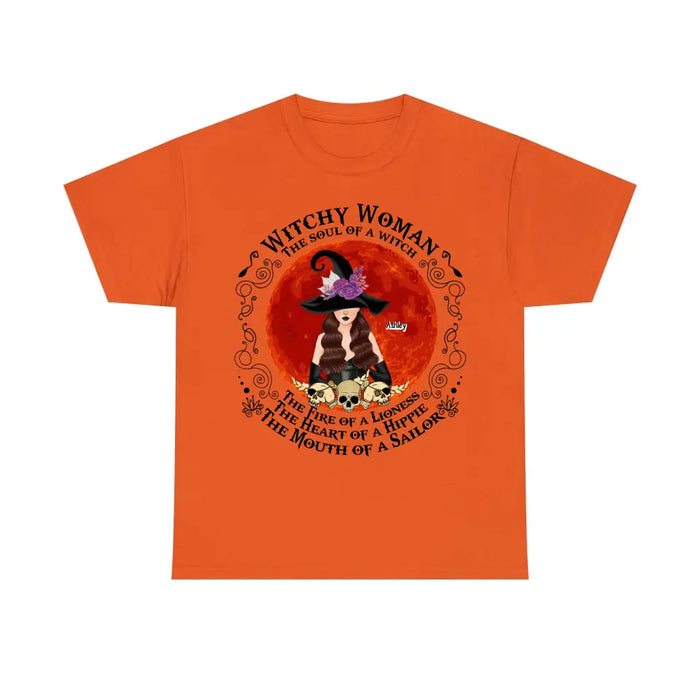 Witchy Woman The Soul Of Witch The Fire Of A Lioness The Heart Of A Hippie The Mouth Of A Sailor - Personalized Gifts Halloween Custom Shirt For Her