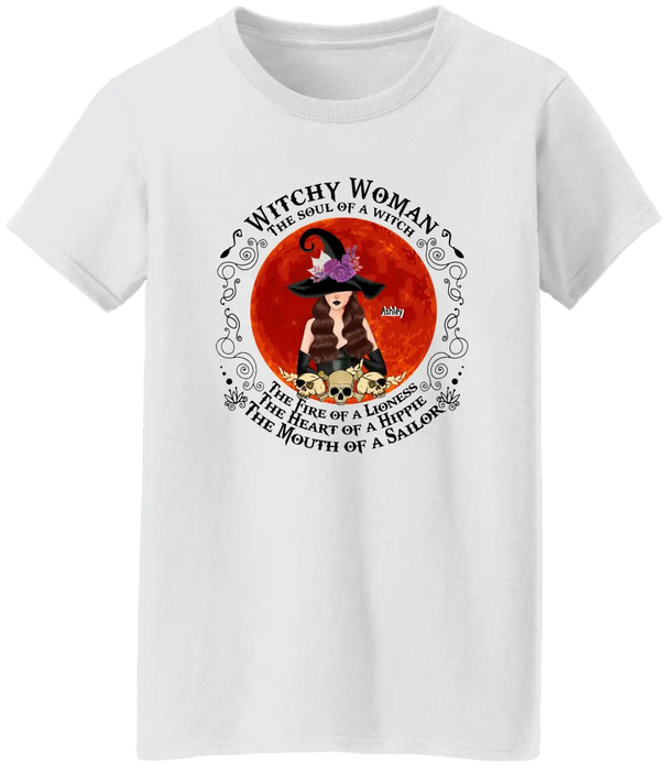 Witchy Woman The Soul Of Witch The Fire Of A Lioness The Heart Of A Hippie The Mouth Of A Sailor - Personalized Gifts Halloween Custom Shirt For Her