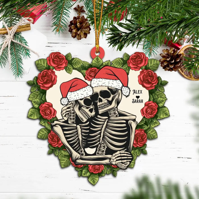 Red Rose Skull Couple - Personalized Christmas Gifts Custom Wooden Ornament For Her For Him For Her, Skeleton Lovers