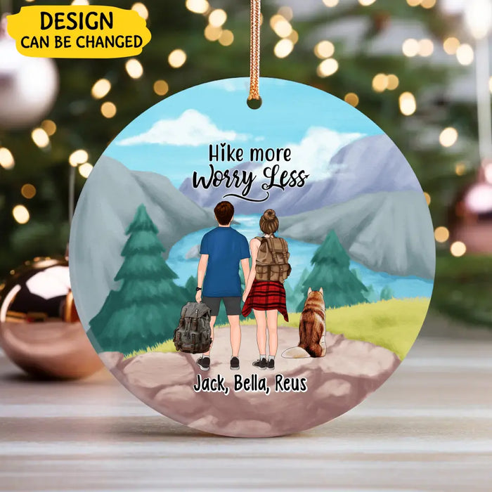 Personalized Ornament, Hiking Couple With Dogs, Christmas Gift For Hikers And Dog Lovers