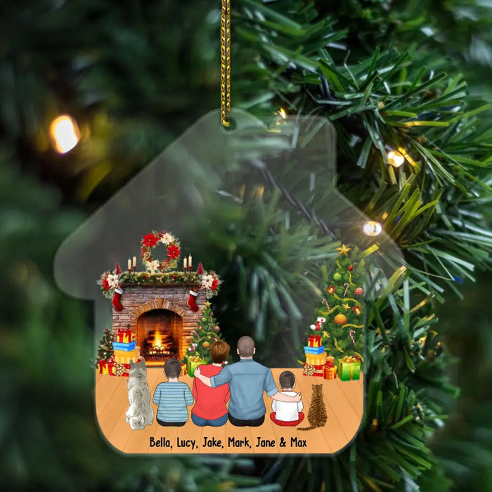 Family Sitting By Fireplace - Personalized Christmas Gifts Custom Acrylic Ornament For Family, Dog Cat Lovers