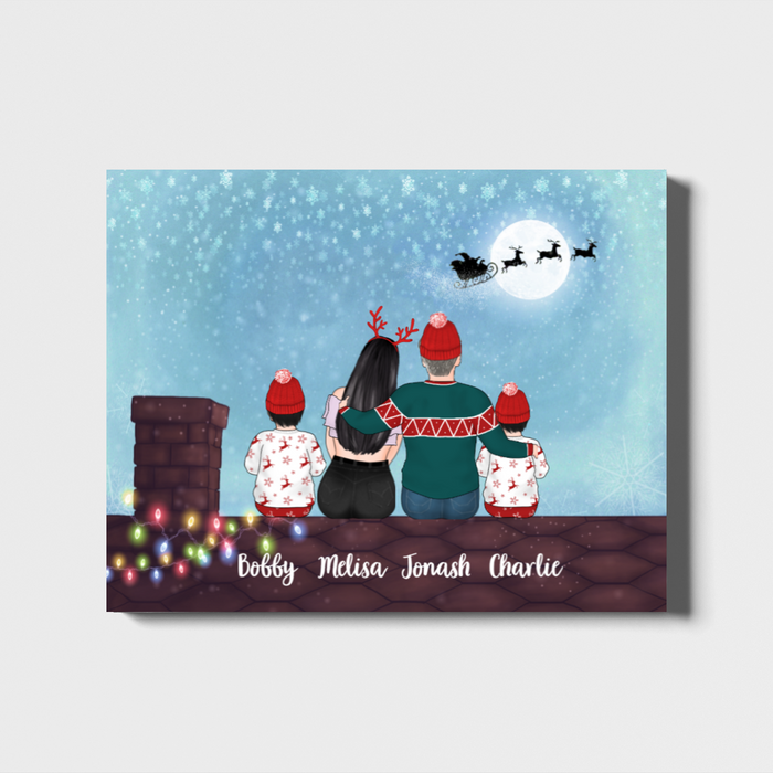 Personalized Landscape Canvas, Couple and Kids On Rooftop, Custom Gift for Christmas