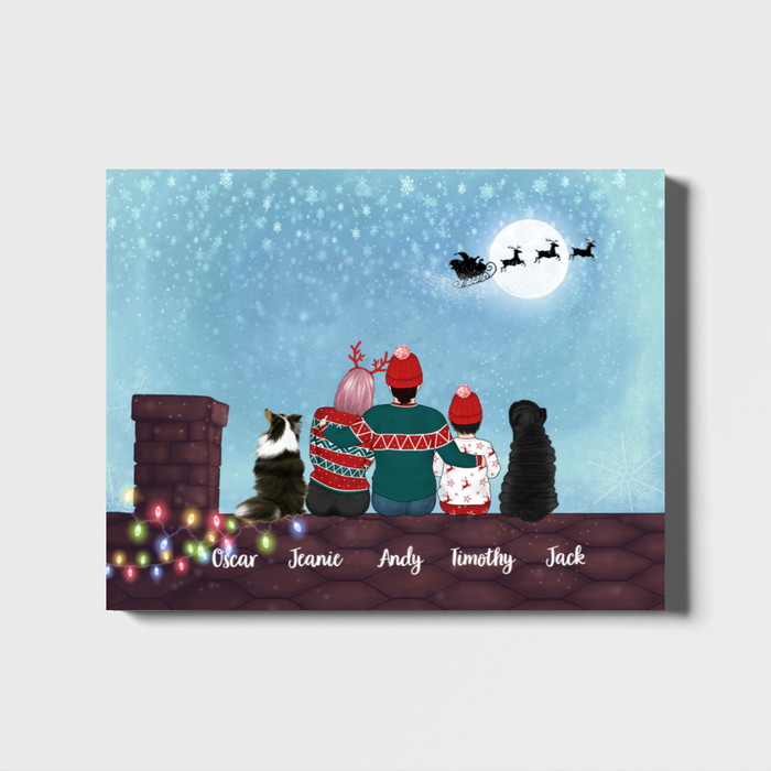 Personalized Landscape Canvas, Couple and Kid with Dogs On Rooftop, Custom Gift for Christmas