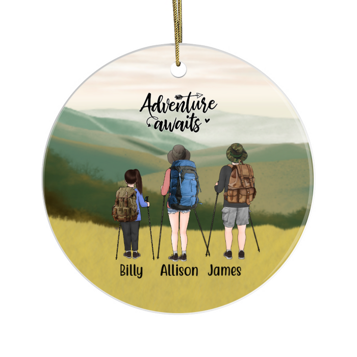 Personalized Ornament, Couple and Kid Hiking Friends, Custom Gift for Christmas