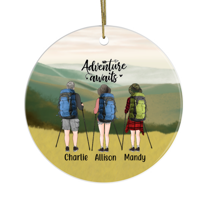 Personalized Ornament, Hiking Partners Two Women One Man, Custom Gift for Christmas