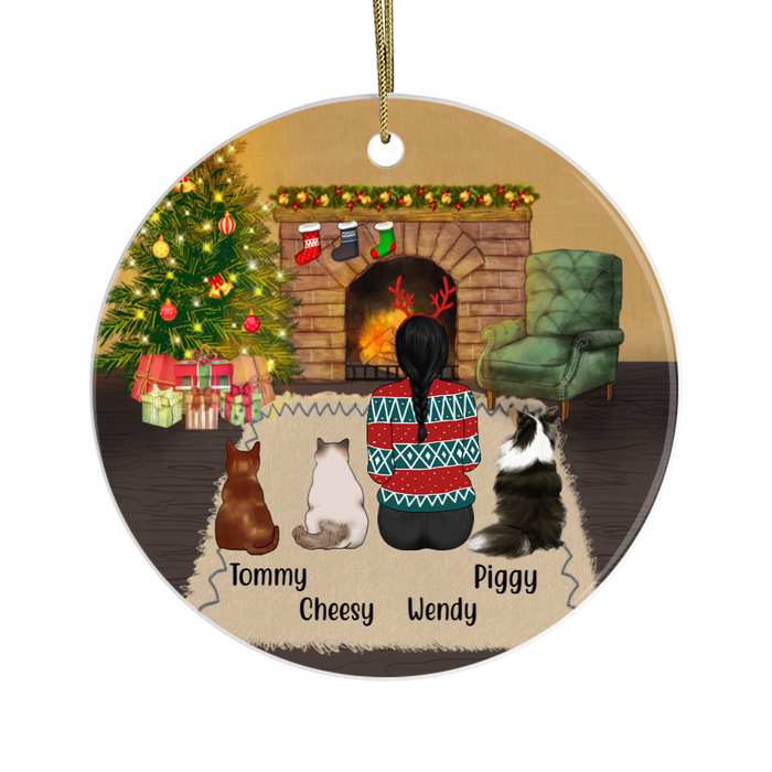 Personalized Ornament, Woman, Two Cats and Dog, Custom Gift for Christmas