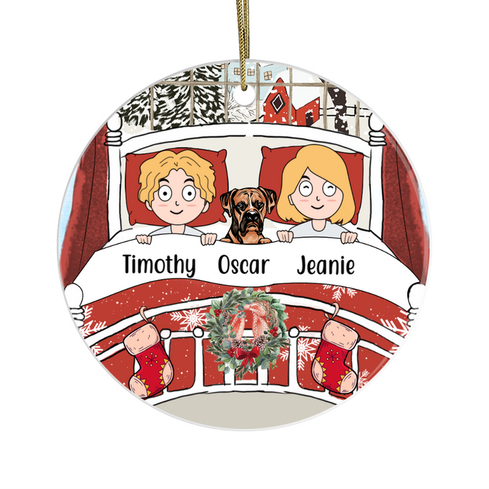 Personalized Ornament, Chibi Couple Stay In Bed for Christmas, Custom Gift for Dog Lovers