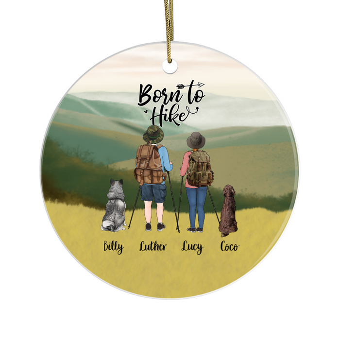 Personalized Ornament, Hiking Couple and Dogs, Custom Gift for Dog Lovers