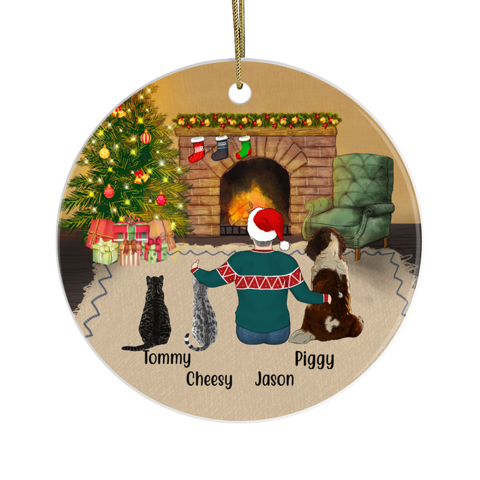 Personalized Ornament, Man, Two Cats and Dog, Custom Gift for Christmas