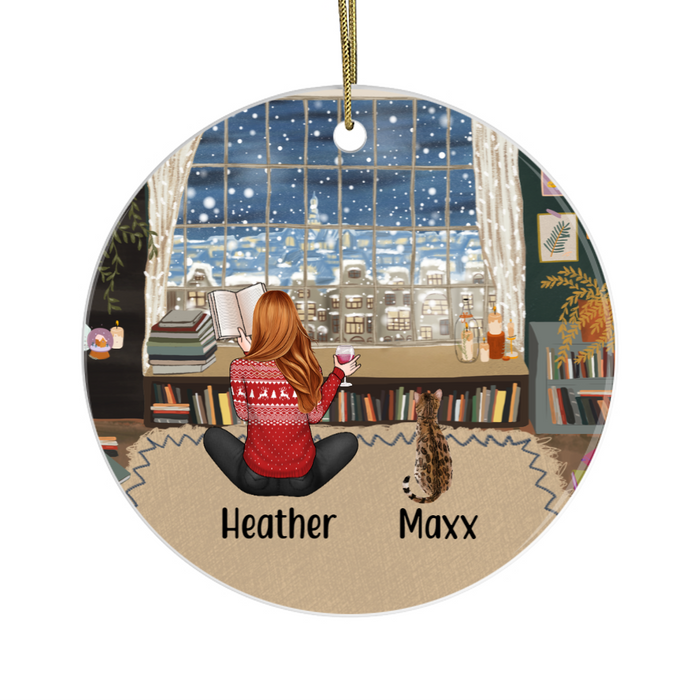 Personalized Ornament, Girl Reading Book with Cats, Custom Gift for Cat Loverss