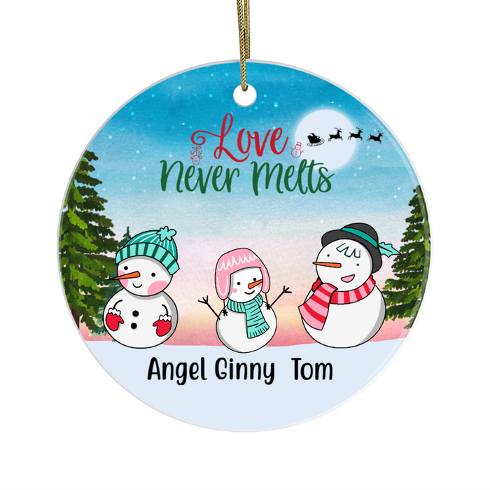 Personalized Ornament, Christmas Gift, Up to 2 Kid, Snowman Family Love Never Melts Noel