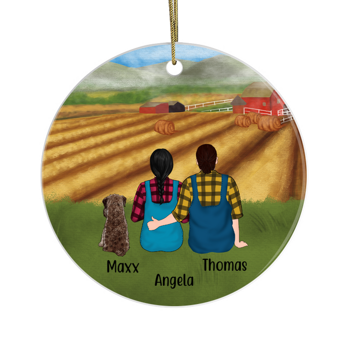 Personalized Ornament, Farmer Couple Sitting with Dogs Christmas, Custom Gift for Dog Lovers