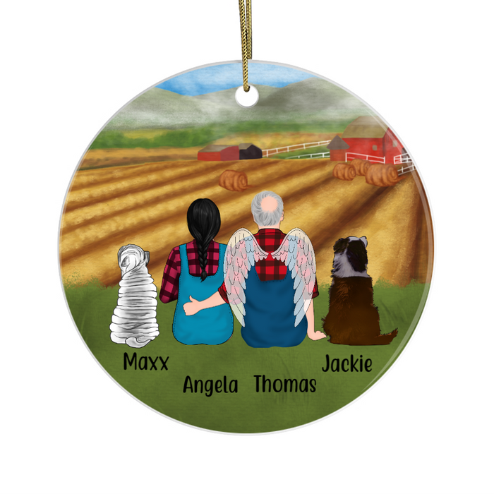 Personalized Ornament, Farmer Sitting with Dogs Christmas, Custom Gift for Dog Lovers