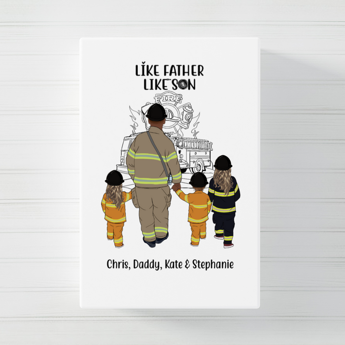 Personalized Poster/Canvas, Firefighter Dad and 3 Kids, Custom Gift for Firefighters