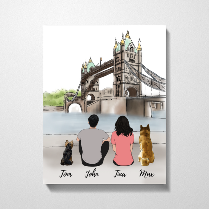 Couple and Dogs At London Brigde Premium Canvas