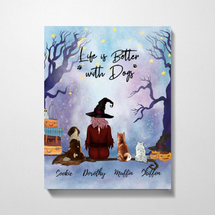 Custom Halloween Girl with Dogs Canvas Personalized Gift for Dog Lovers