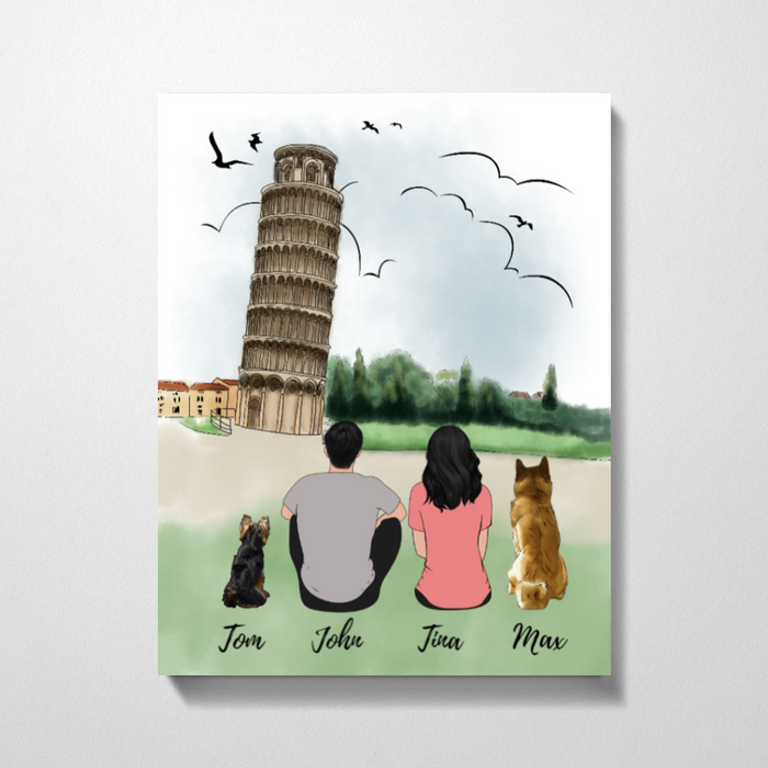 Personalized Premium Canvas Couple and Dogs At Tower Of Pisa
