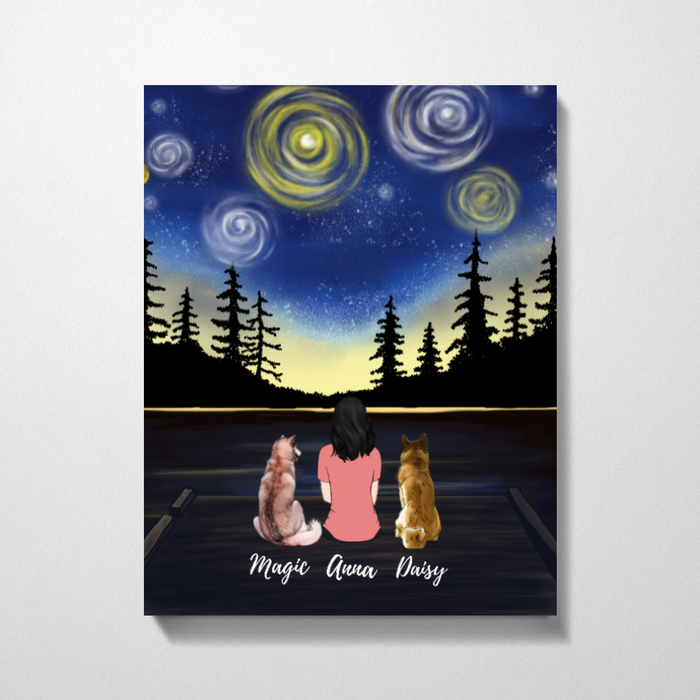 Custom Starry Night Lake Woman and Dogs Personalized Canvas