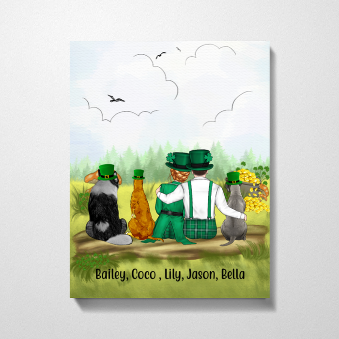 Personalized Canvas, St Patrick's Day Couple and Dogs, Custom Gift for Dog Lovers