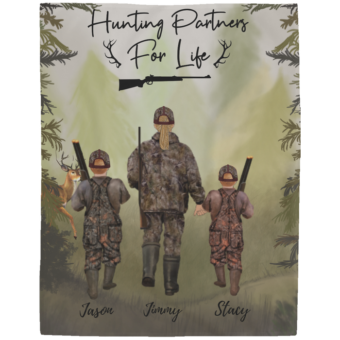 Personalized Blanket, Family Hunting Adult and 2 Kids, Gift for Hunters