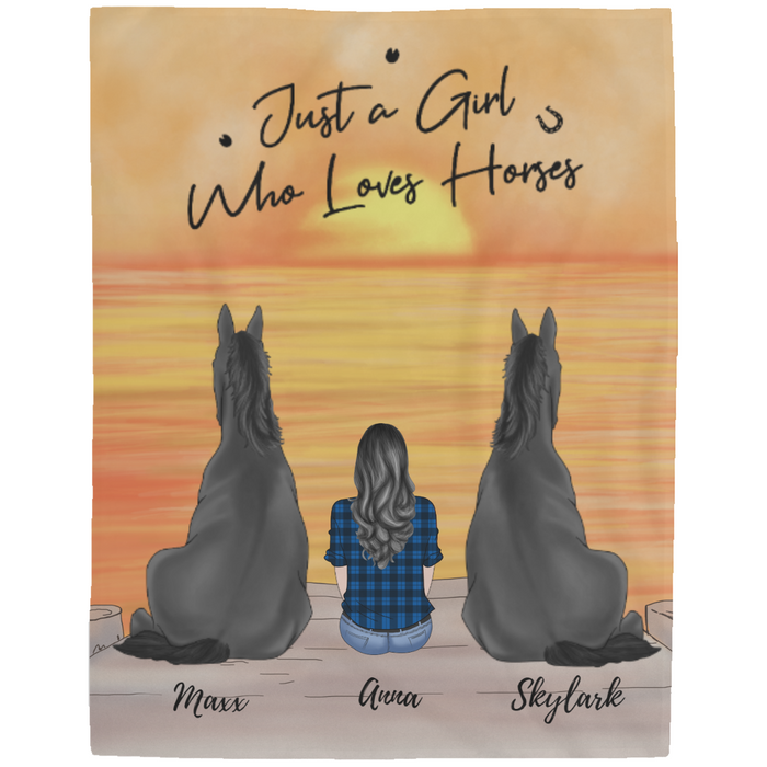 Personalized Custom Blanket Two Horses and Girl, Gift for Horse Lovers
