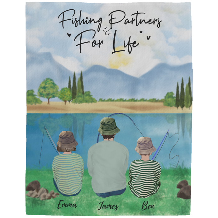 Personalized Blanket, Fishing Partner for Life, Man-Woman and 2 Kids, Fishing Gifts