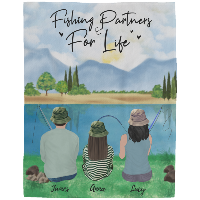 Personalized Blanket, Fishing Partners for Life, 2 Adults and Kid, Fishing Gifts