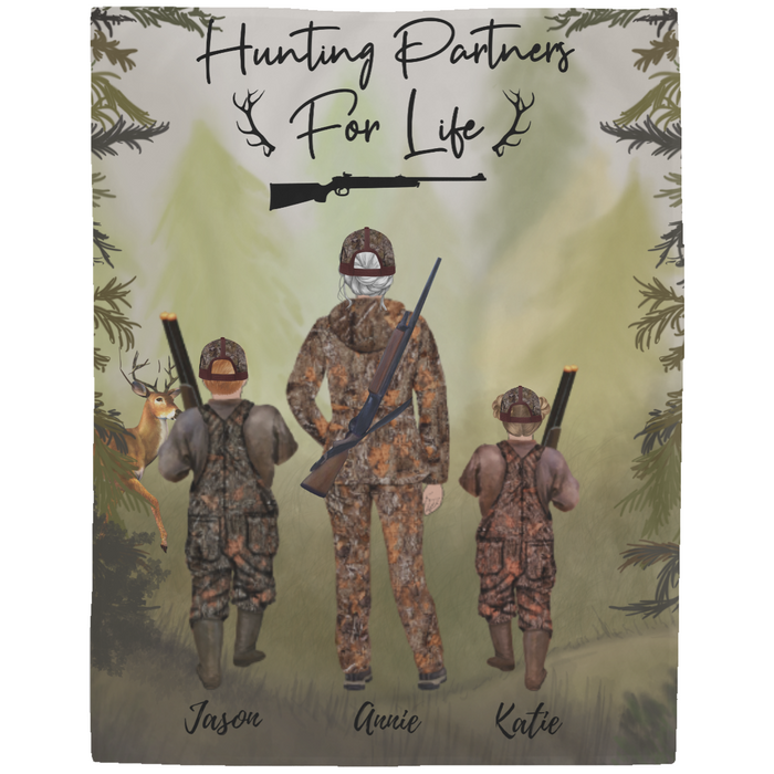 Personalized Blanket, Hunting Partner for Life, Adult and 2 Kids, Gift for Hunters