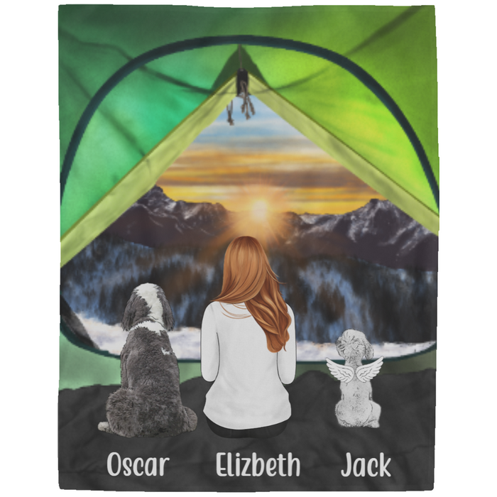 Personalized Blanket, Camping Woman with Dogs, Custom Gift for Dog Lovers